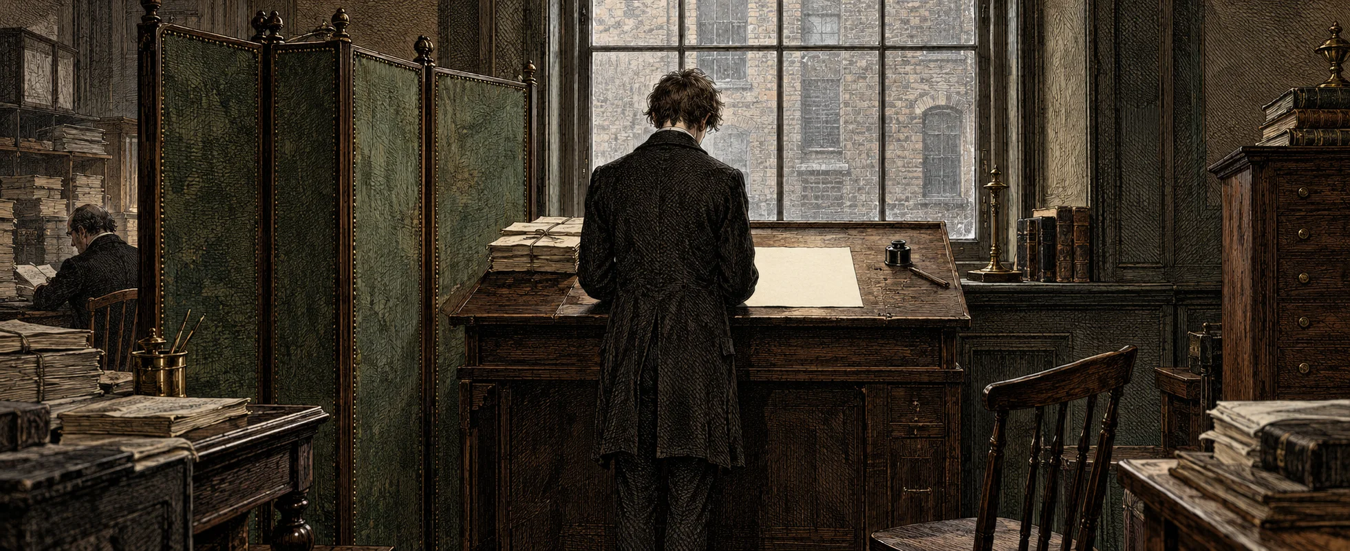 Etching-style illustration of a pale clerk in a shabby black suit standing with his back to us at a high desk by a window in a cramped 1850s law office, a green screen dividing the room.