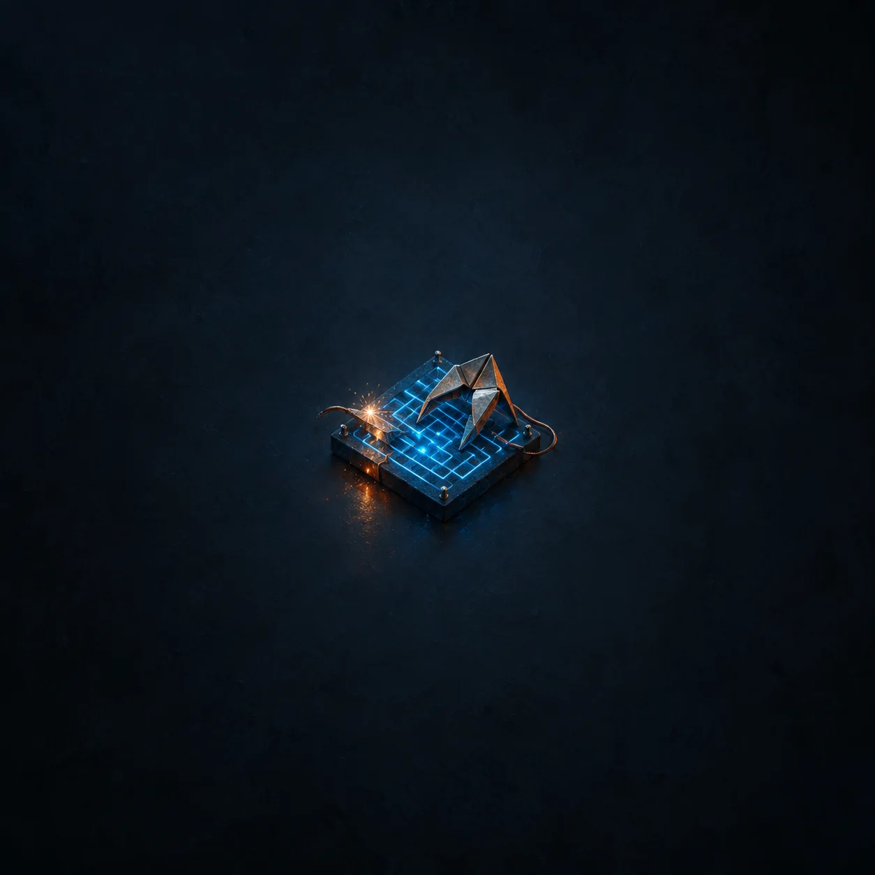 An angular folded-paper shape and orange wires sit on a glowing blue circuit-board pattern with a small spark.