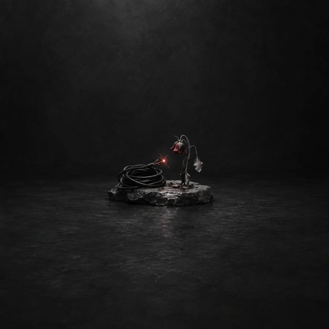 Painterly coiled black wire with a small red spark beside a wilted flower on dark stone.