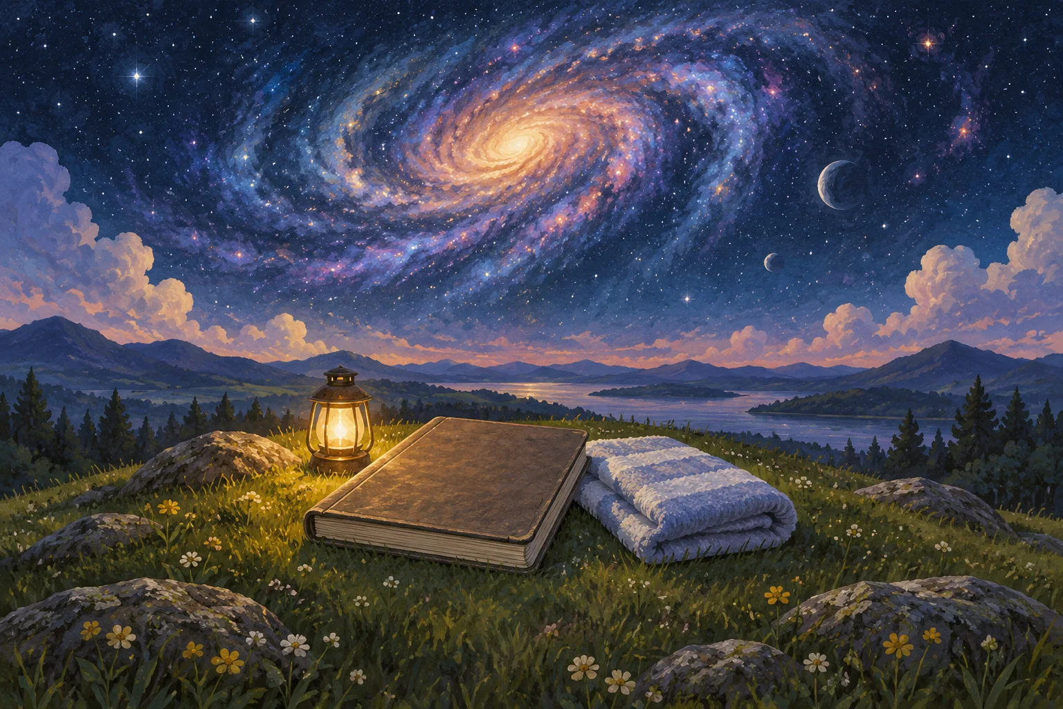 A closed unmarked book and a folded white towel sit beside a lantern on a grassy hill beneath a vast spiral galaxy.