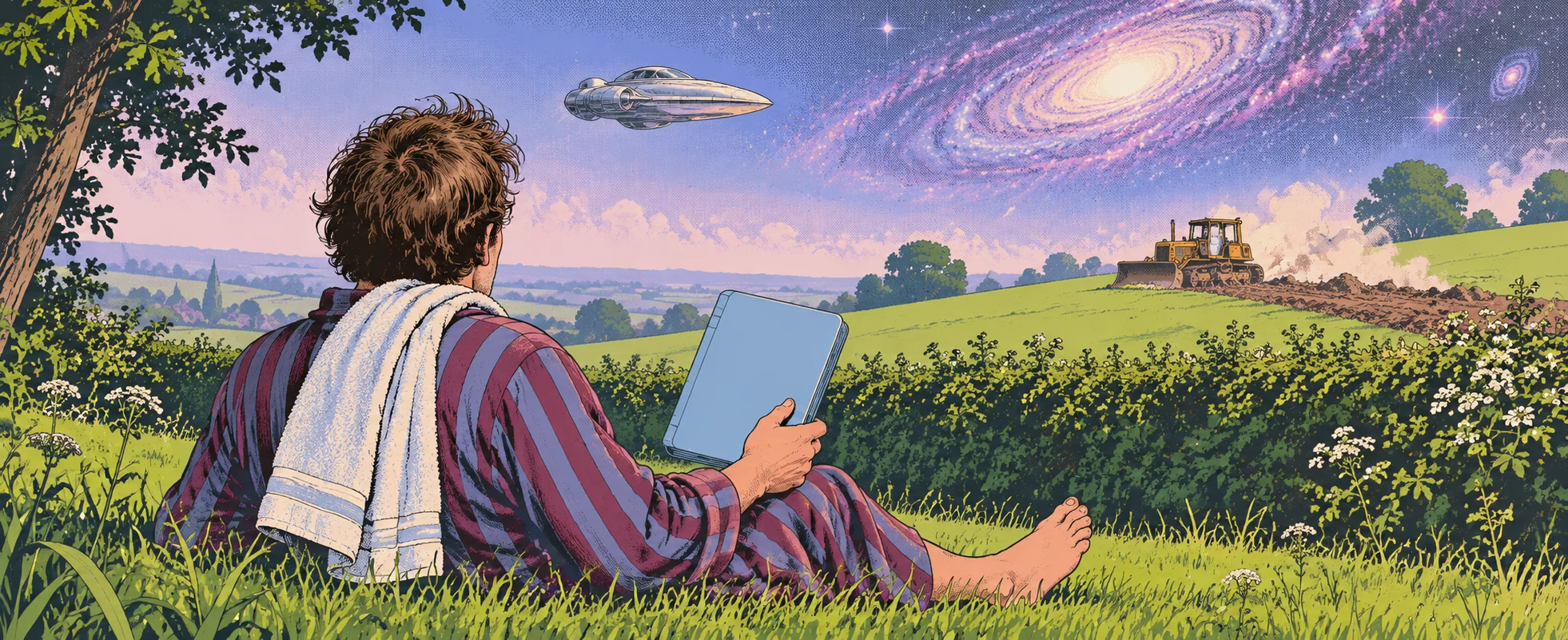 A man in a striped dressing gown with a towel over his shoulder lies on a green hill holding a blank electronic book, a bulldozer and a silver spaceship beyond.