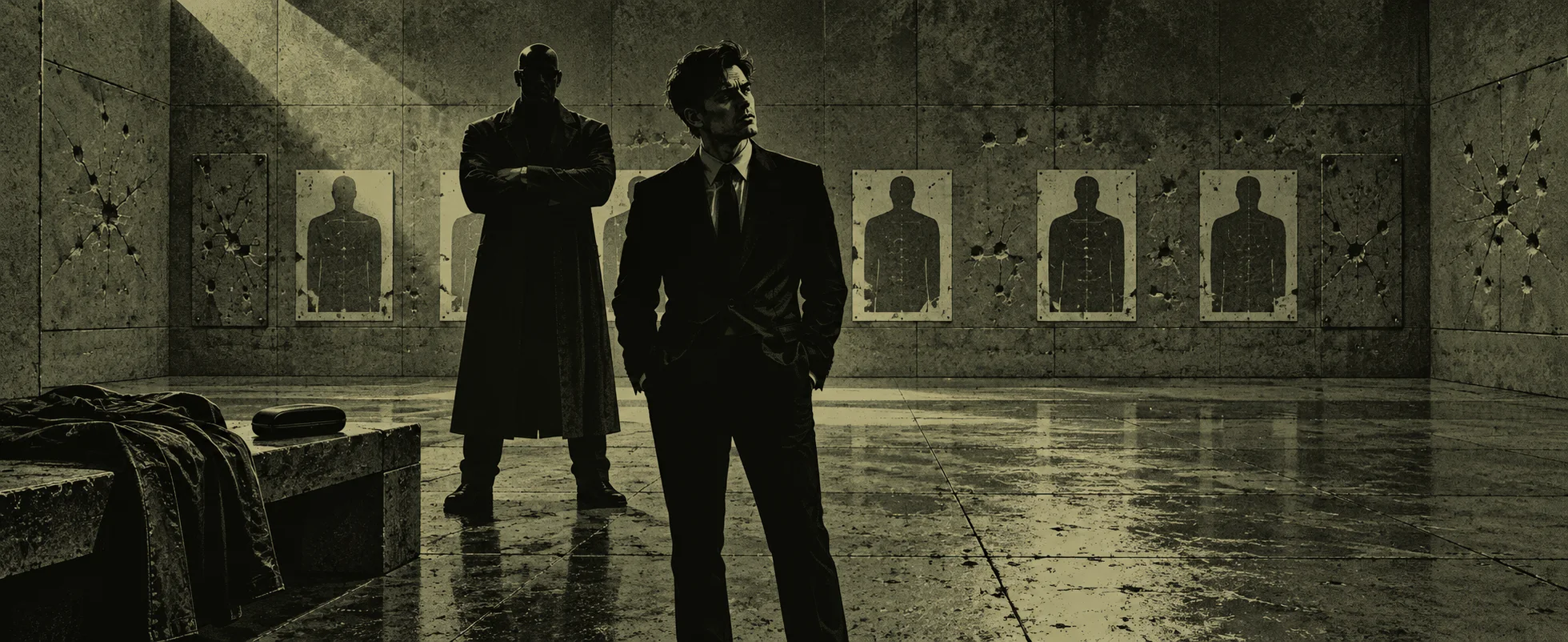Two men in dark suits stand in a bare grey training room whose walls are pocked with bullet holes and paper targets.
