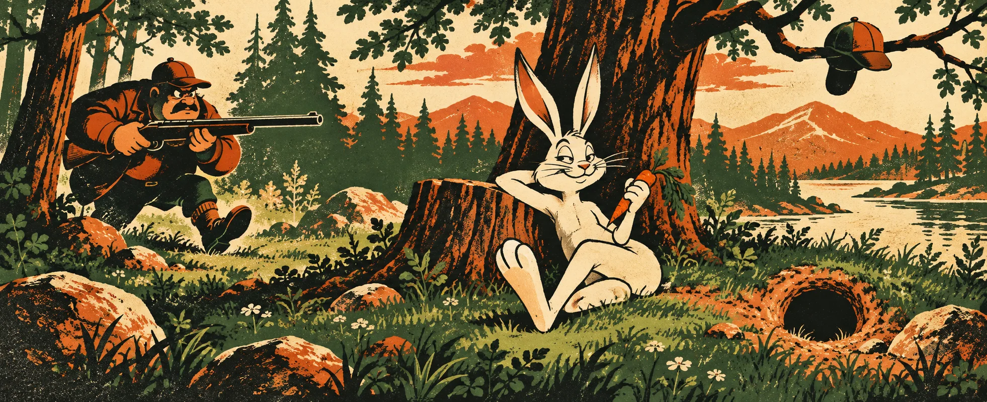 Screen-print style cartoon of a grey-and-white rabbit lounging against a tree stump with a carrot beside his burrow while a hunter with a shotgun creeps up from the left through the forest.