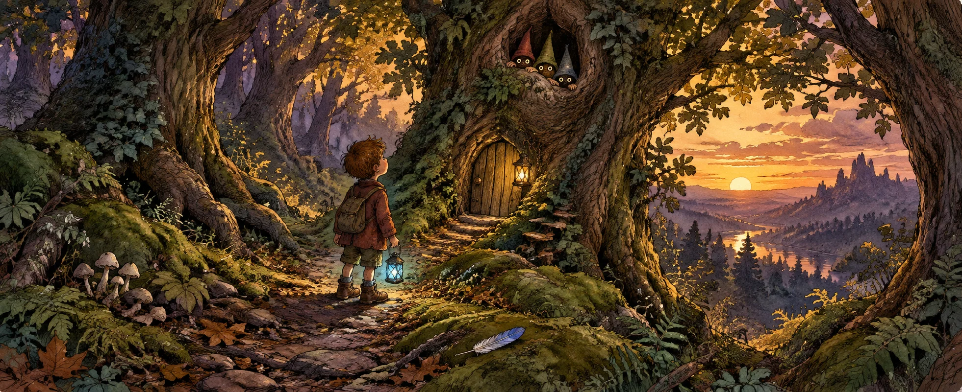 A small boy with a lantern stands on a mossy path among giant trees at dusk as tiny figures peer from a doorway in a trunk.