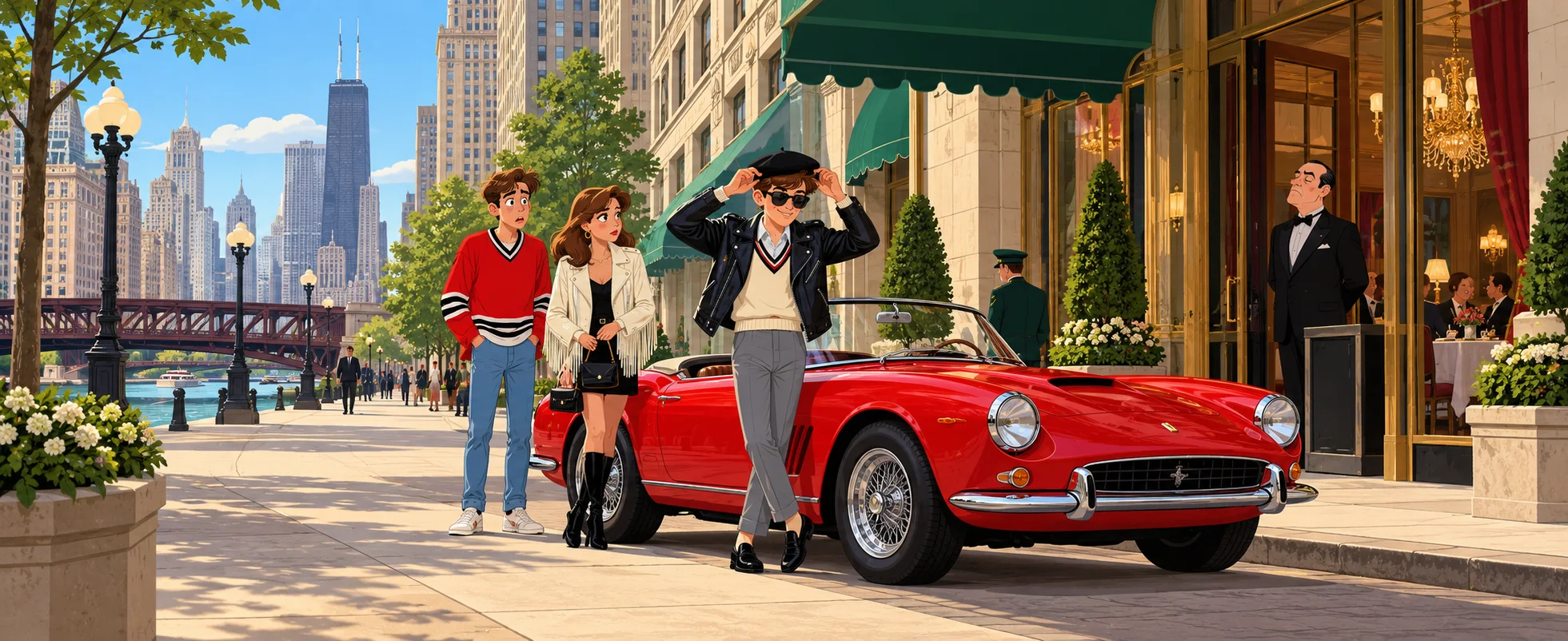 Outside a chic downtown restaurant, a cocky teenager in a cap and sunglasses strikes a pose beside a gleaming red 1960s convertible at the valet stand while his girlfriend and a nervous friend in a red jersey look on.