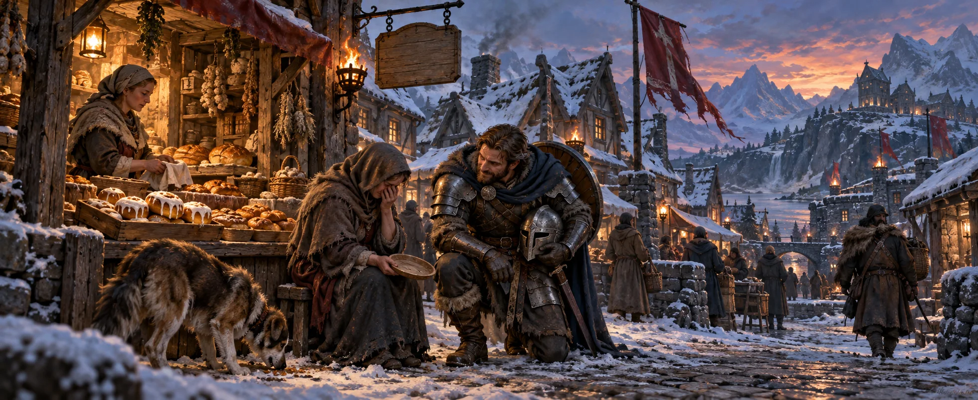 An armoured city guard leans down with a knowing half-smile to a hooded townsperson by a bakery stall in a snowy Nordic market.