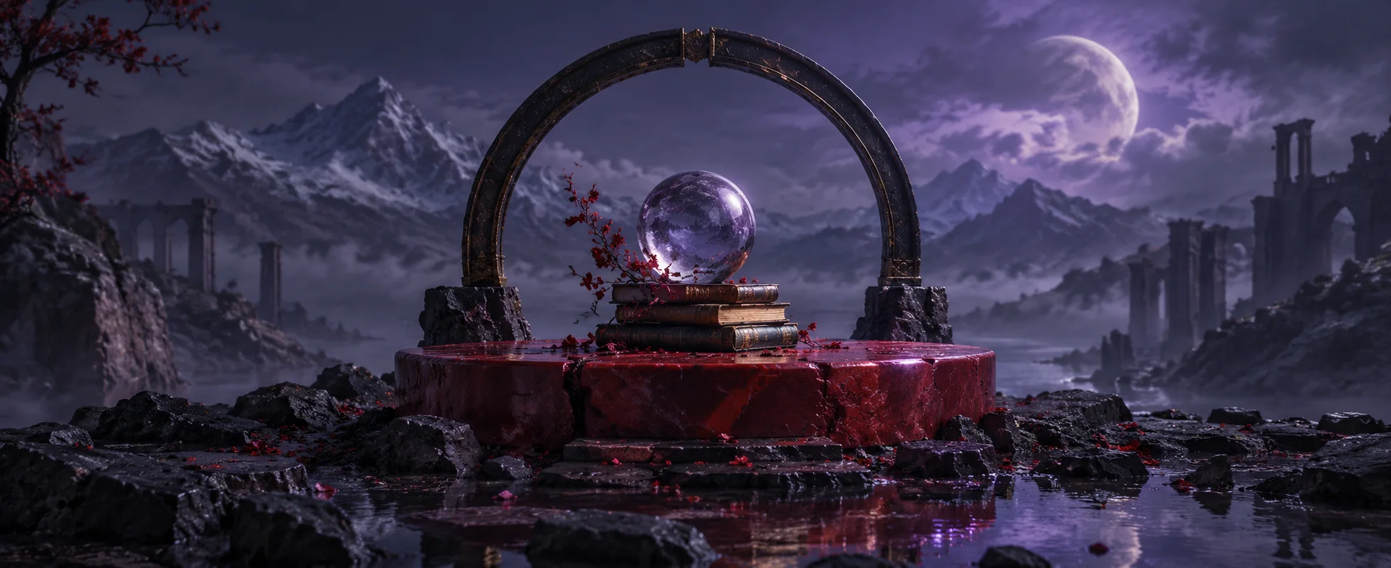 A glass orb stands beneath a dark metallic arch on a crimson stone platform under cold violet light.
