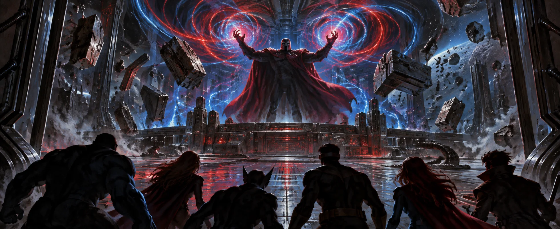 A caped, helmeted figure crackles with red and blue magnetic fields above an asteroid base as silhouetted heroes advance.