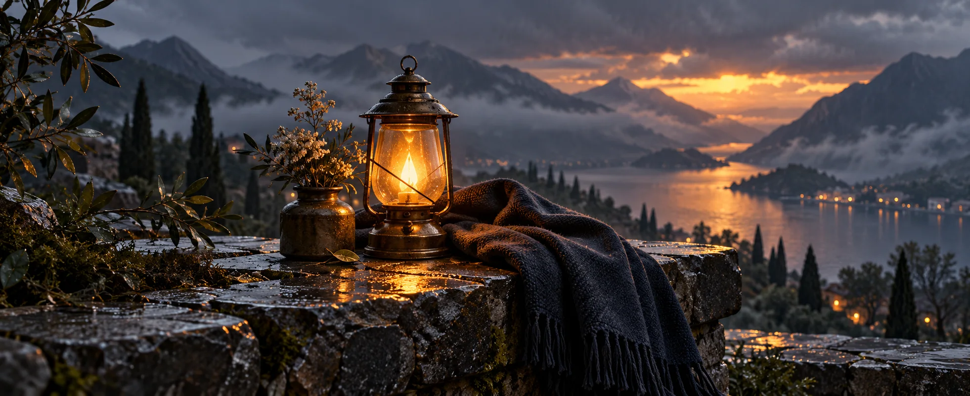 A dark folded cloth rests beside a small amber lamp on a rain-wet slate ledge.