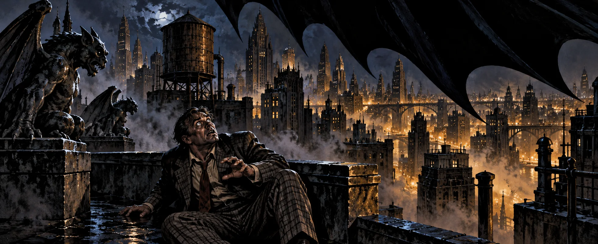 A terrified crook cowers against a rooftop parapet in a foggy gothic city at night as a huge caped shadow with pointed ears falls over him.