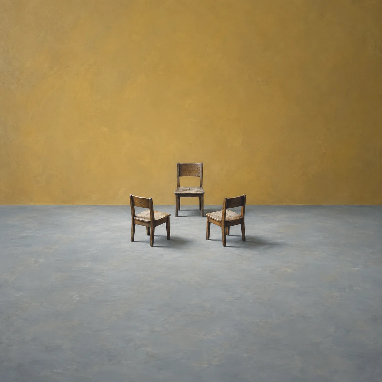 Two small wooden chairs side by side and one separate empty chair on a gray-blue floor against a mustard wall.