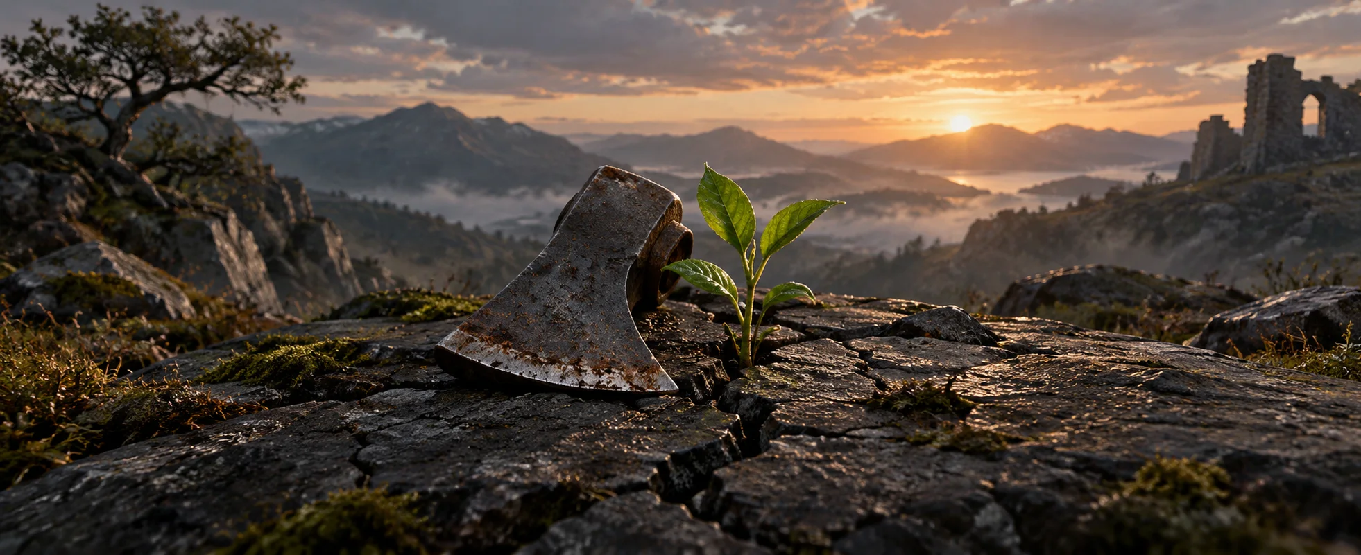 A weathered iron axe head rests beside a stubborn green shoot growing through a dark cracked stone.