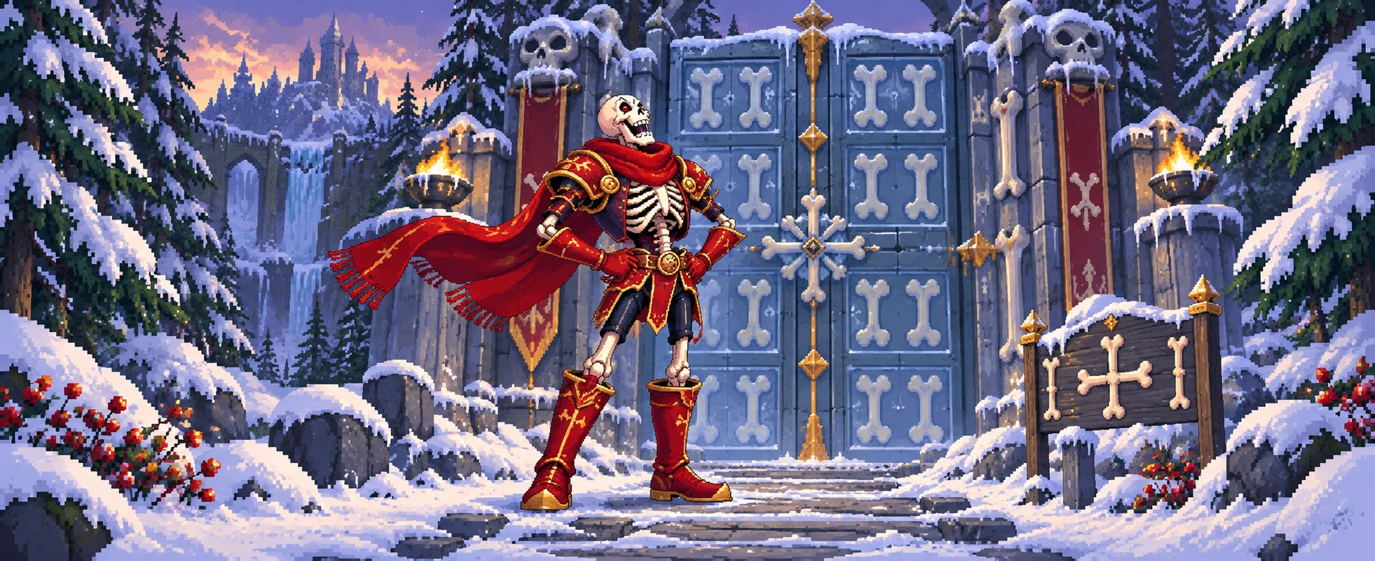 A tall skeleton in red armour and a scarf poses proudly before a gate of bones in a snowy forest.