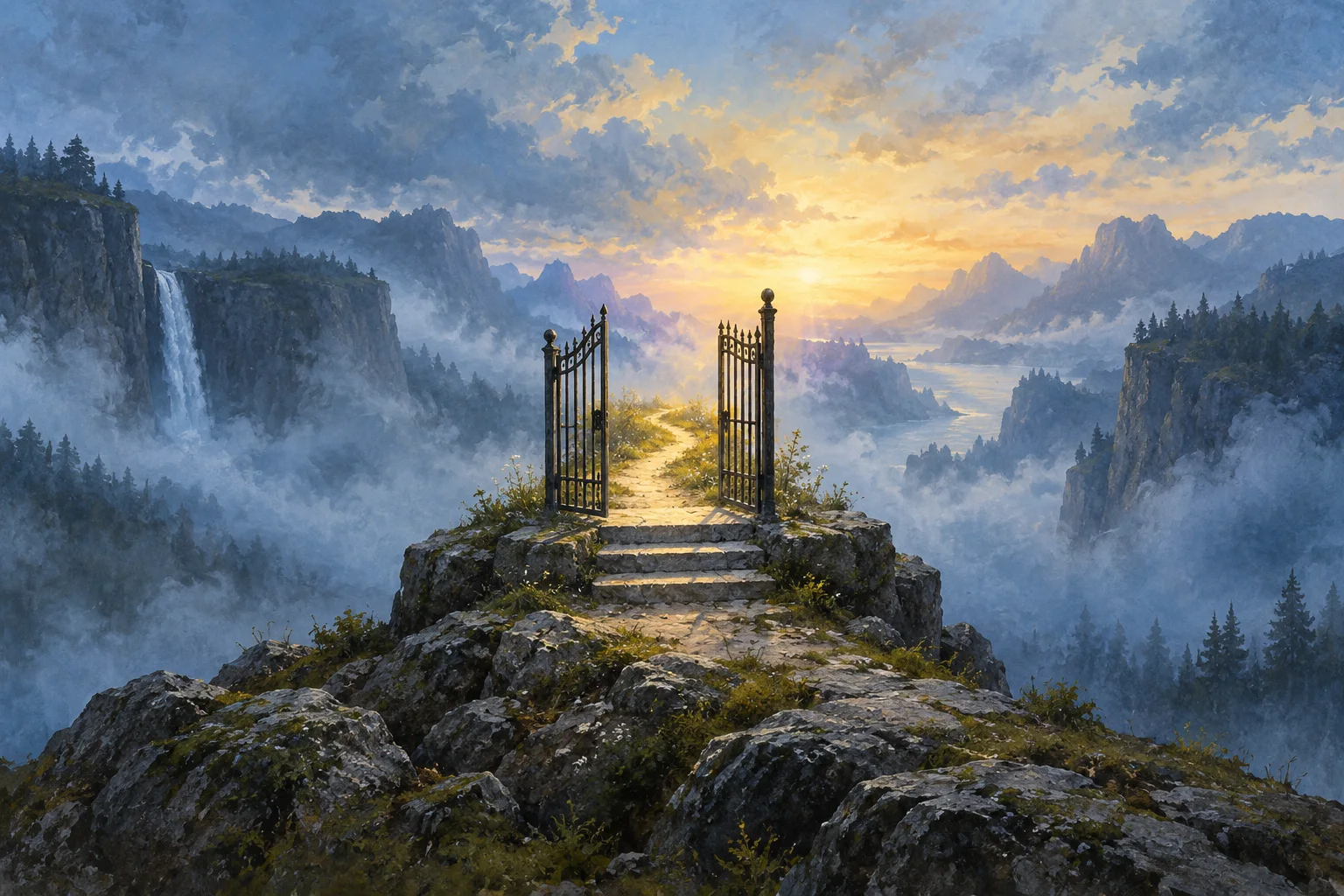 An open iron gate and short stone steps lead towards golden light above a mist-filled valley.
