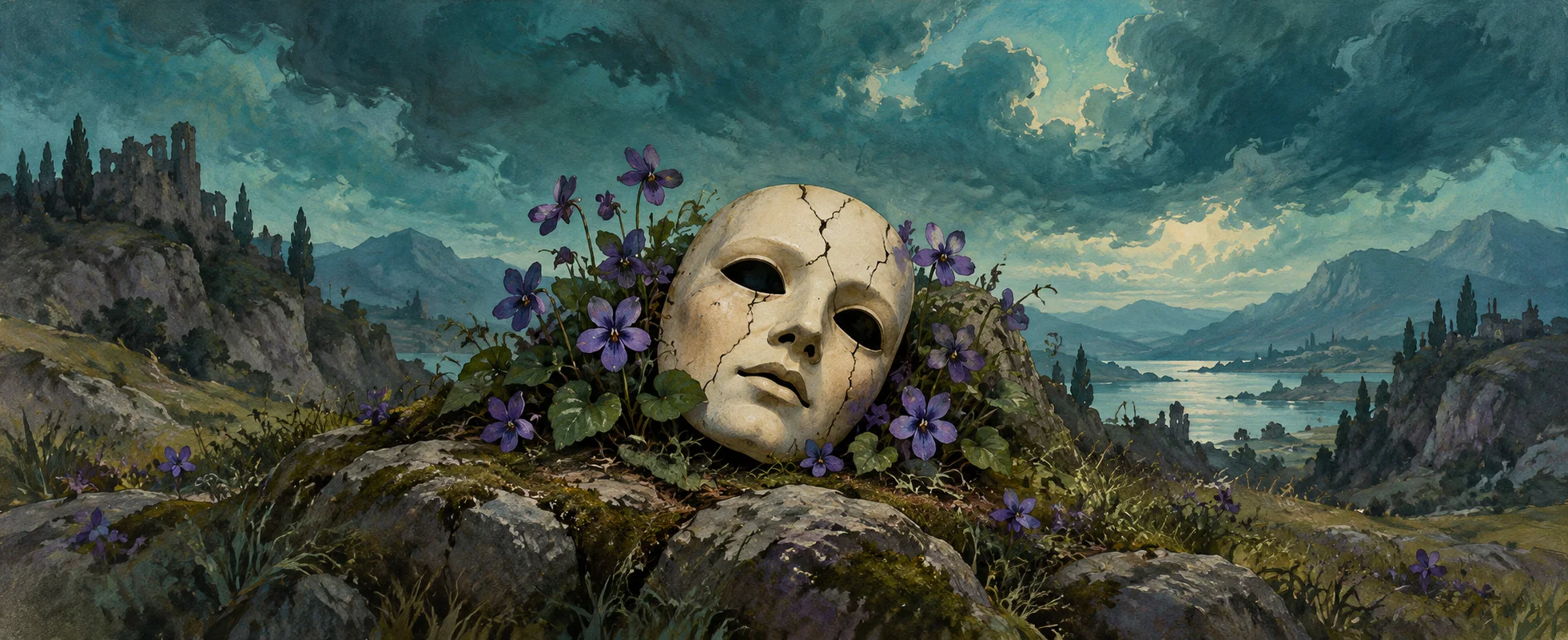 A cracked ivory theatrical mask rests among violet wildflowers beneath an unsettled teal sky.