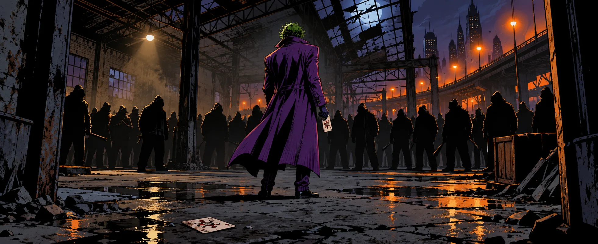 A lean figure in a long purple coat with green hair stands with his back to us in a warehouse doorway facing a crowd of thugs, a playing card on the floor.