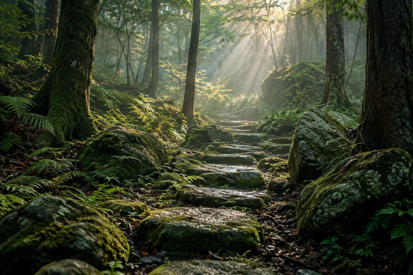 Mossy stone steps leading into a forest lit by shafts of sunlight.