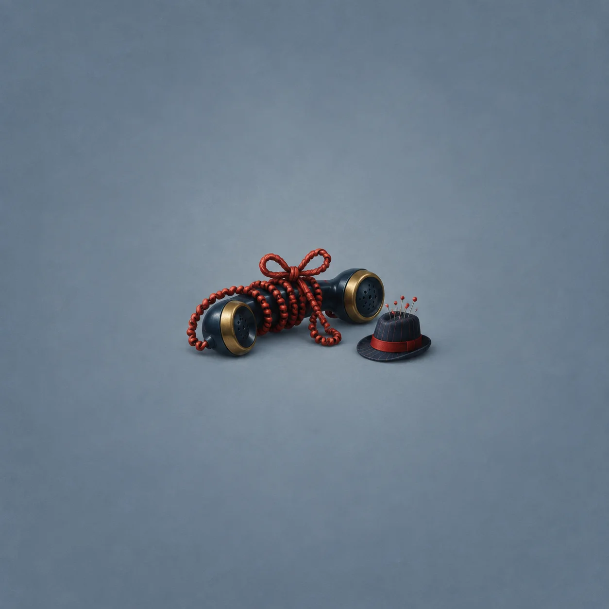 A vintage telephone handset is wrapped in red cord tied in a bow beside a small hat-shaped pincushion.