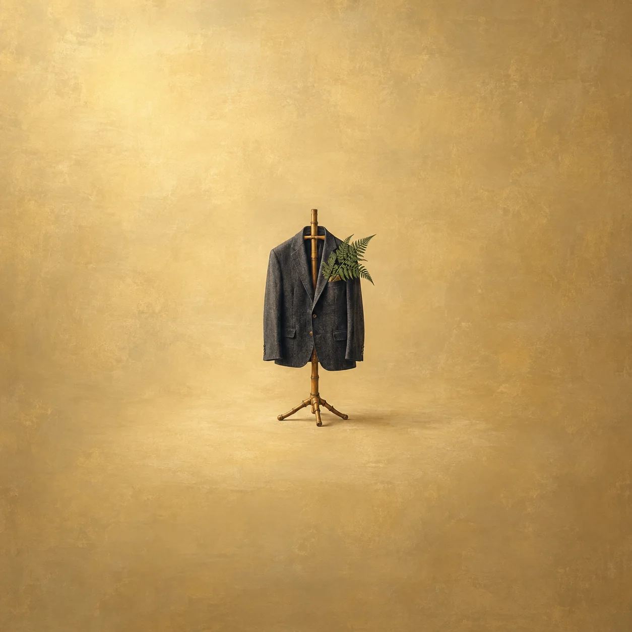 A charcoal suit jacket on a wooden stand with a fern frond in the pocket on a pale gold background.