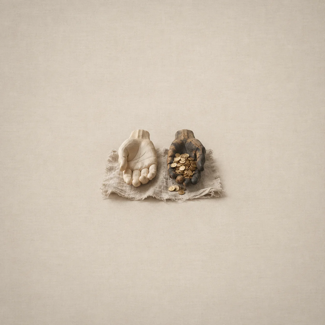 Two sculpted hands on linen: one pale and empty, the other darkened and filled with gold coins.