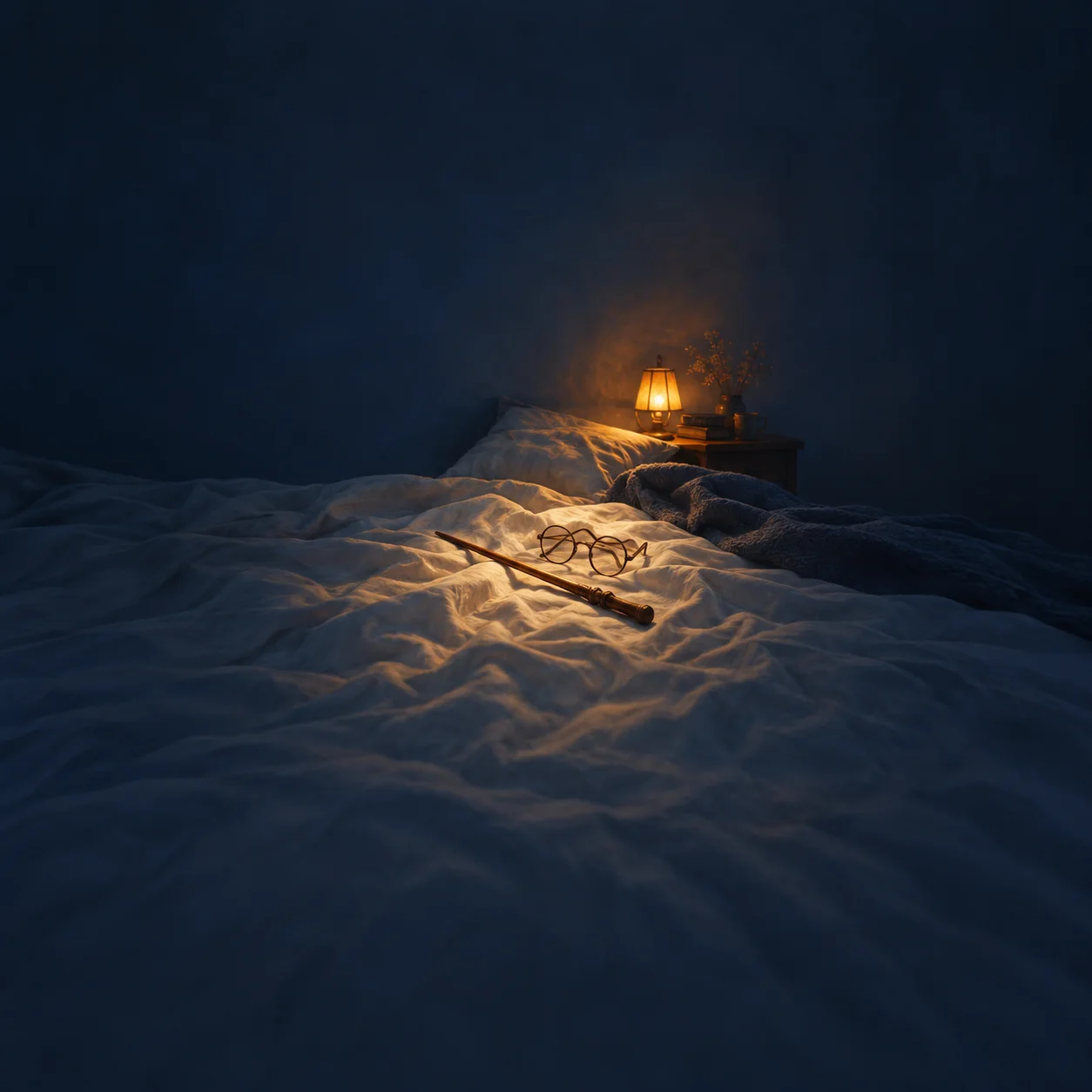 Painterly spectacles and a slender wooden wand on rumpled bedding lit by a bedside lantern.