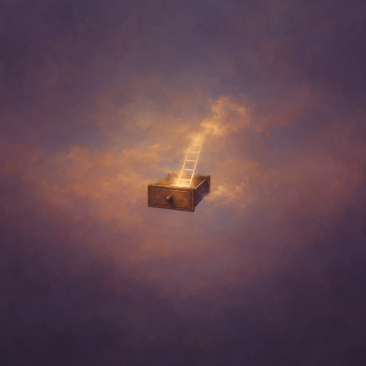 An open wooden drawer floating among plum-colored clouds, with a glowing ladder rising toward golden light.