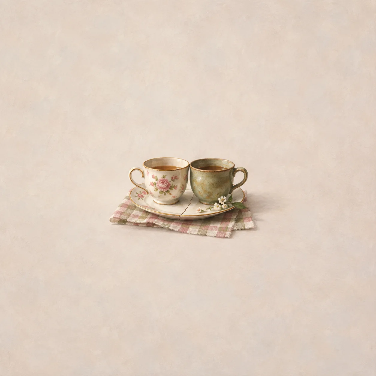 Two mismatched teacups rest on a broken saucer over pink-and-olive checked cloth.
