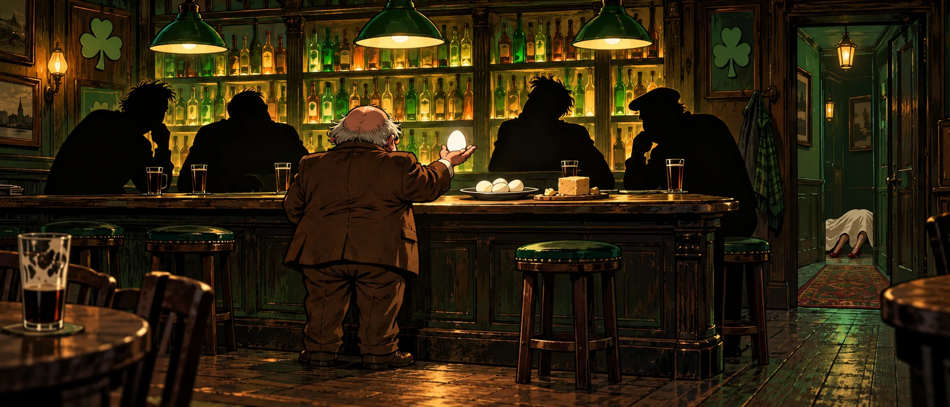 A short man in a rumpled brown suit, seen from behind in a grimy Irish pub, holds out a peeled hard-boiled egg to his baffled friends at the bar.