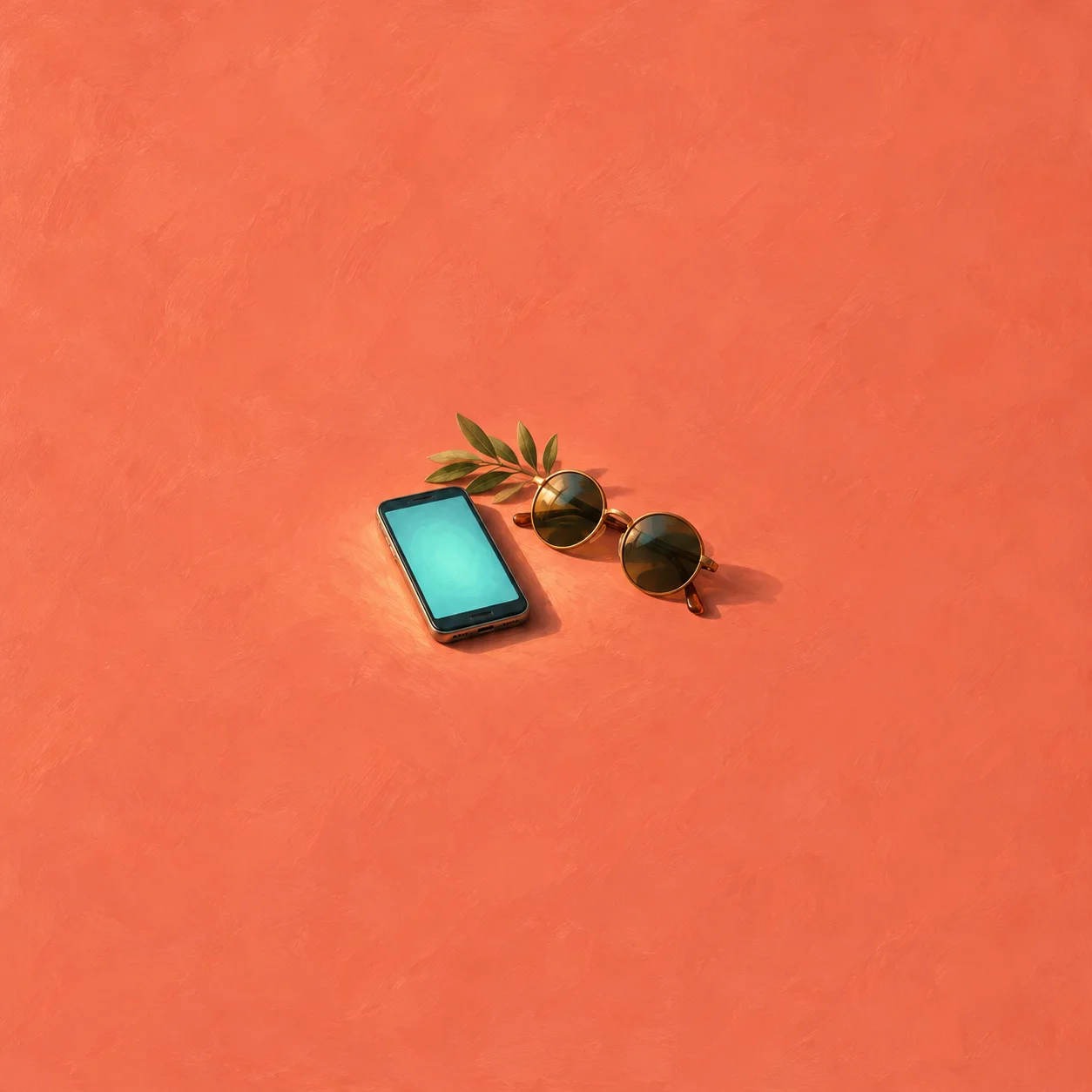 A smartphone with a bright turquoise screen lies beside round sunglasses and a leafy sprig on a coral surface.
