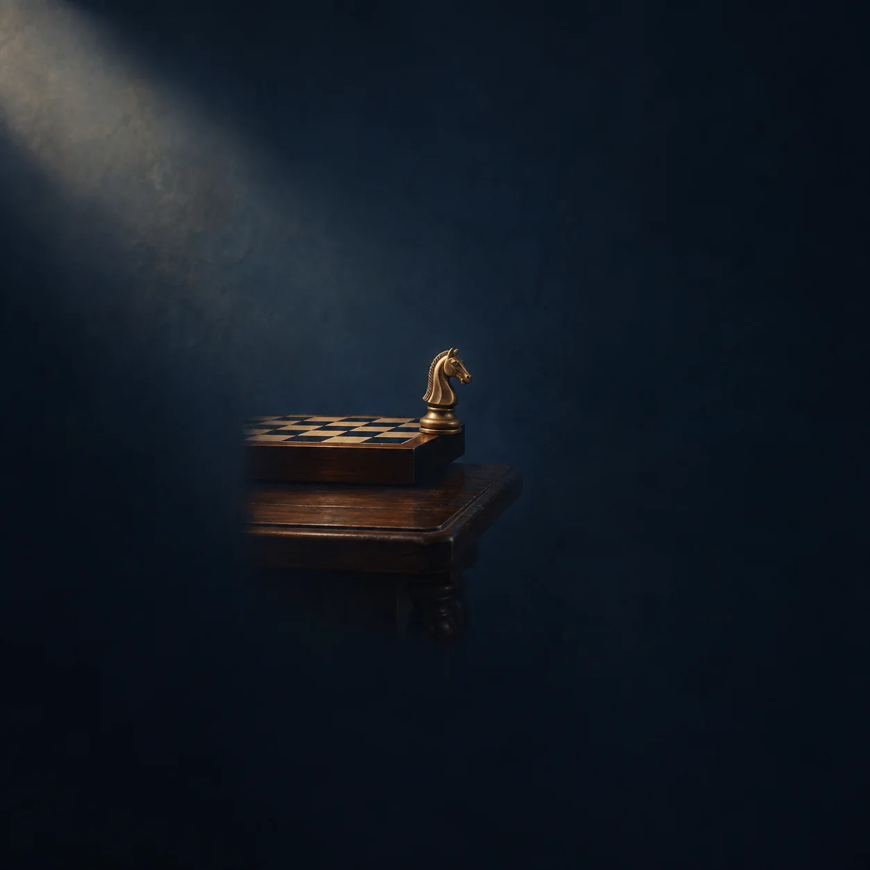 A brass knight chess piece stands at the edge of a chessboard on a wooden table against dark navy.