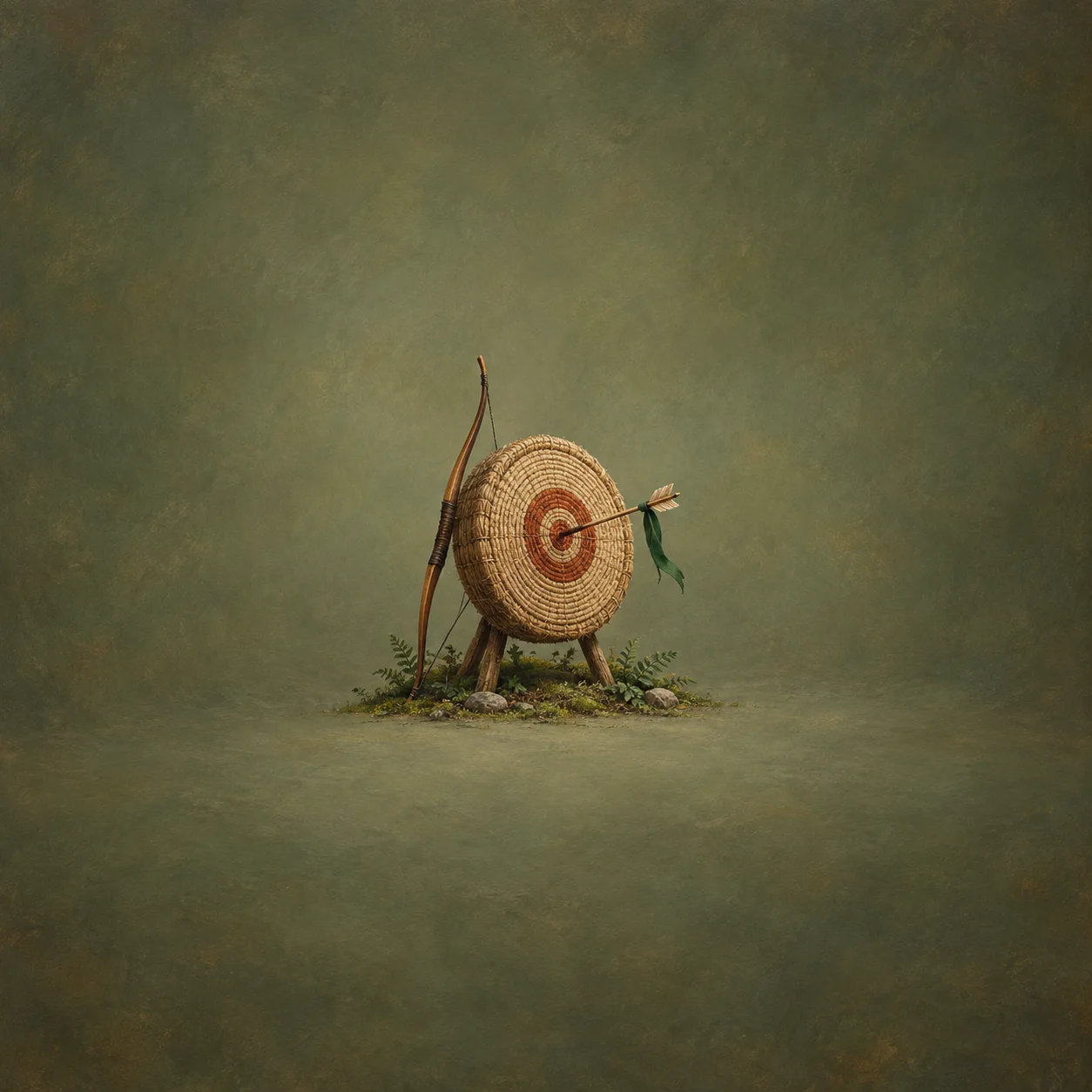 A small wooden bow beside a round straw target with one arrow in the center and a green ribbon on it.