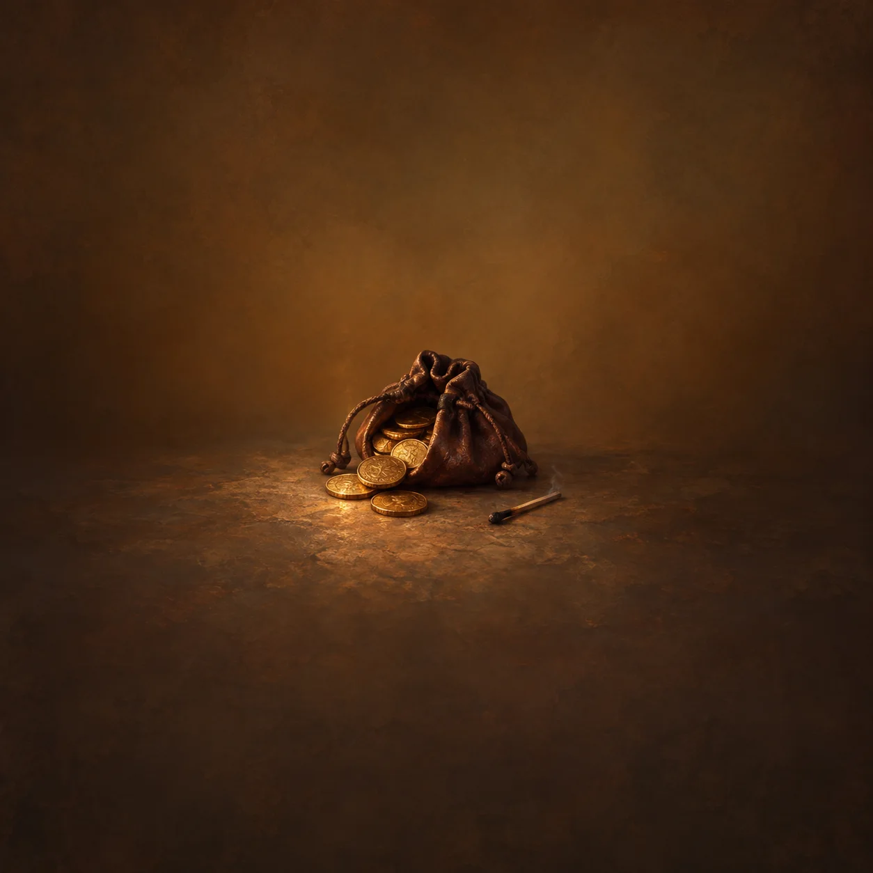 Gold coins spill from a brown leather pouch beside a spent match on a warmly lit surface.