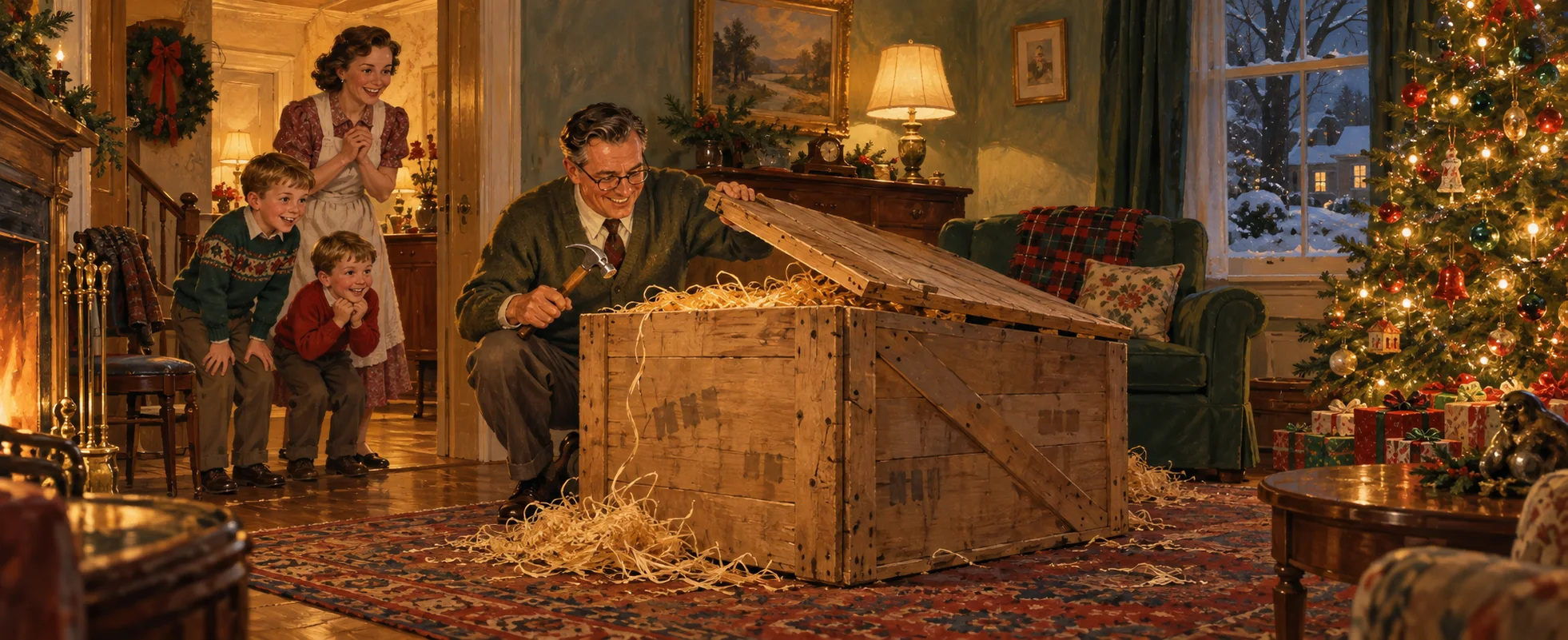 A delighted father in a cardigan prises open a big wooden crate full of straw in a 1940s living room as his wife and boys watch by the Christmas tree.
