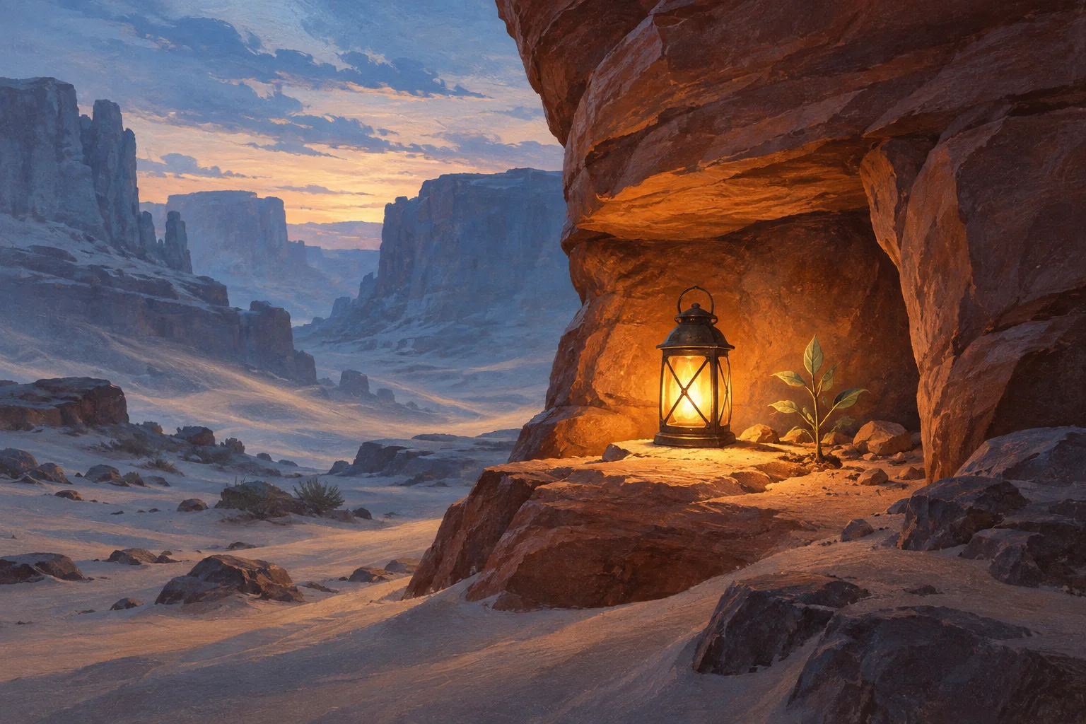 A glowing lantern and a small leafy plant rest in a sandstone recess above a shadowed desert canyon.