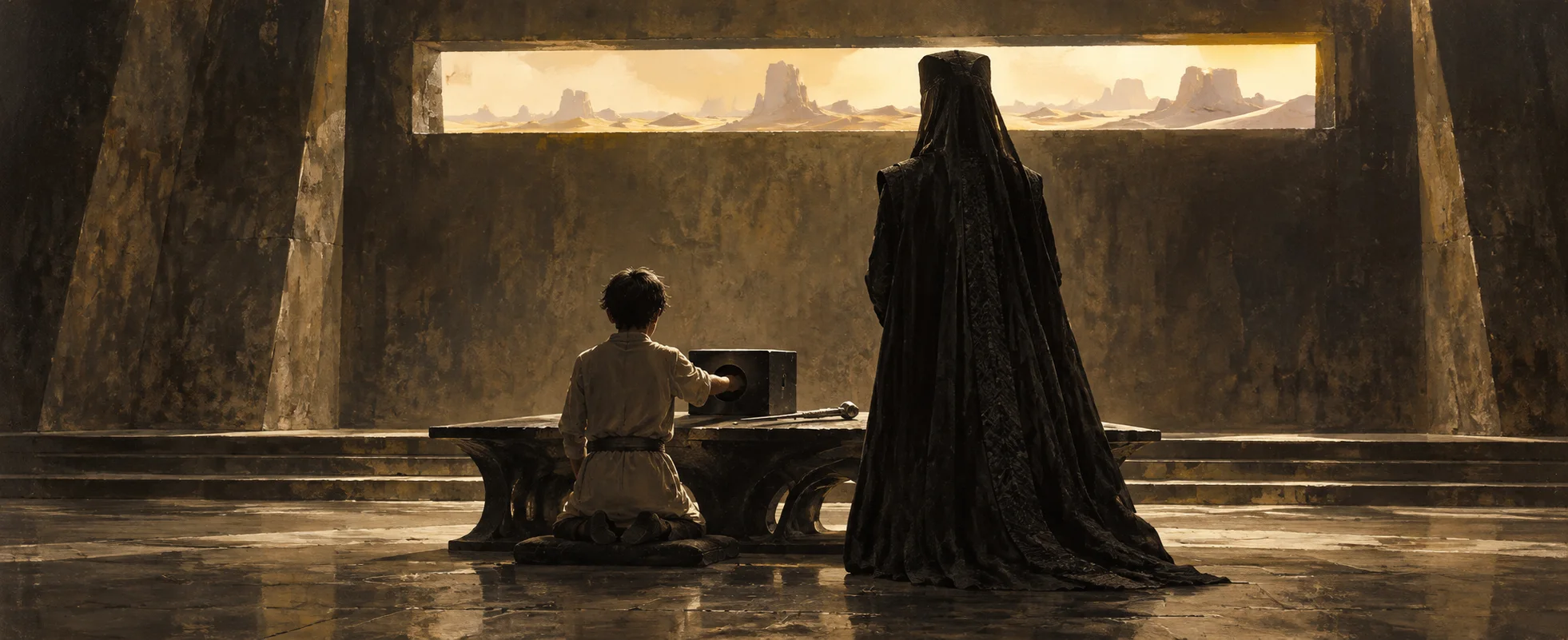 In a stone chamber lit by a slit window onto the desert, a boy kneels with his hand in a black box while a robed old woman stands over him.