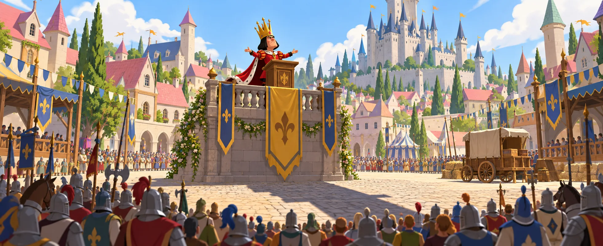 A very short lord in a cape and tall crown addresses armoured knights from a royal box above a tidy fairy-tale tournament arena.