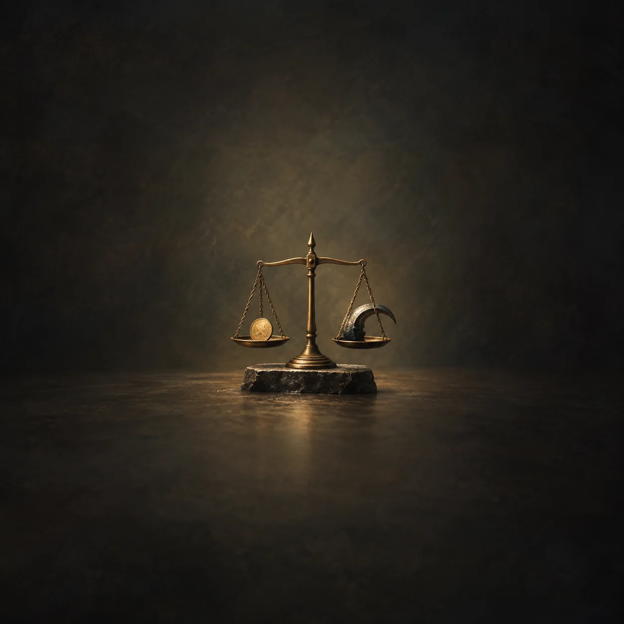 A brass balance scale holds a gold coin in one pan and a curved metal claw in the other.