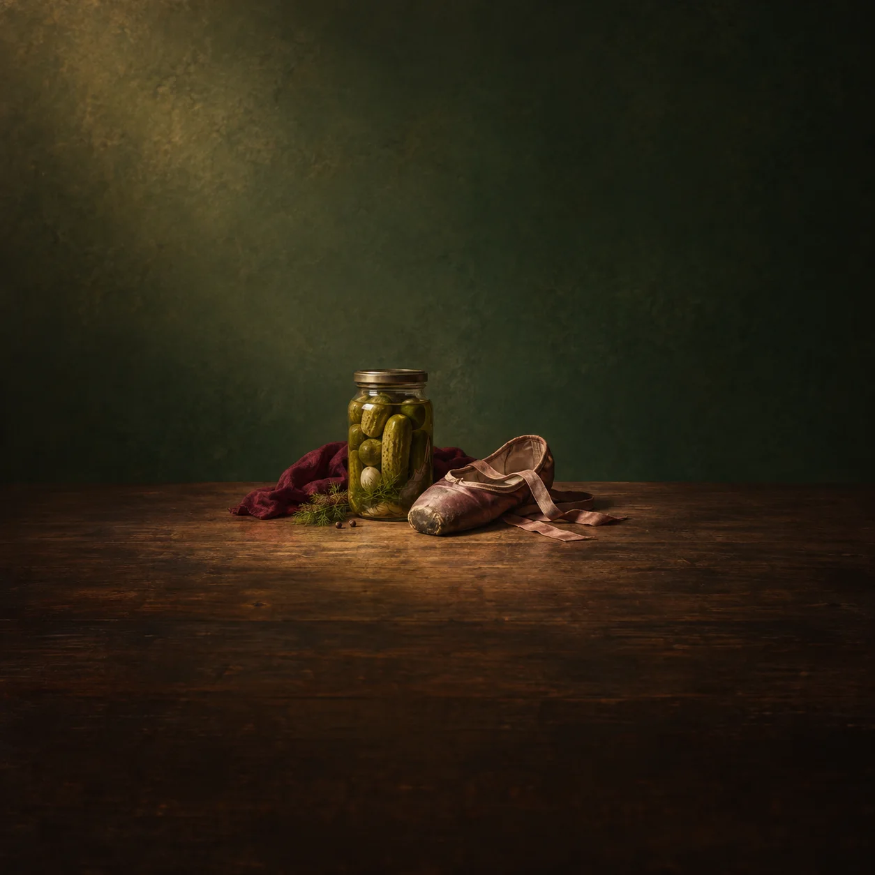 Painterly jar of green pickles beside a worn dance shoe and burgundy cloth on a wooden table.