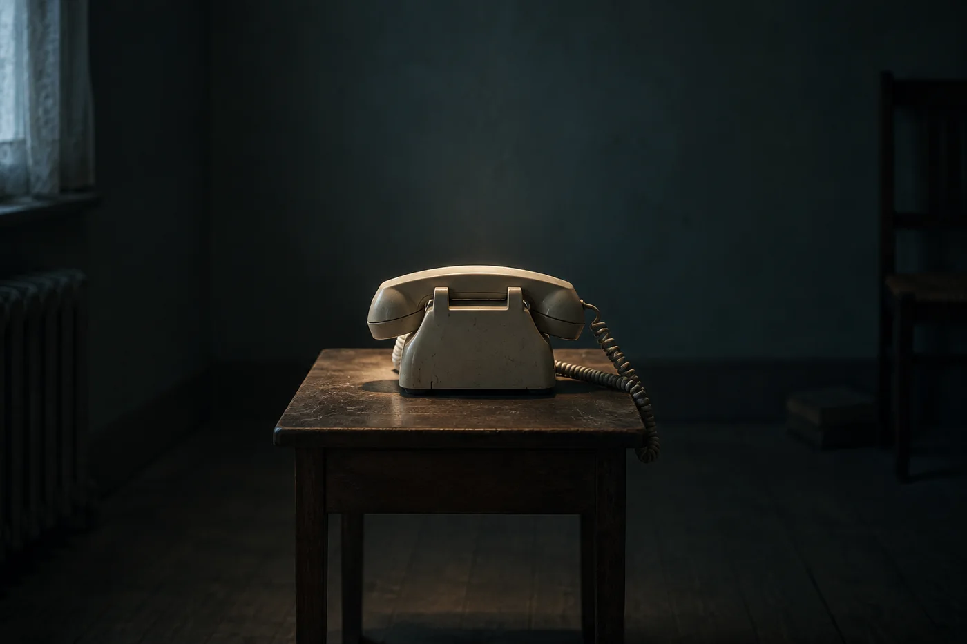 A cream telephone sits on a wooden table in a dark room beside a coldly lit window.