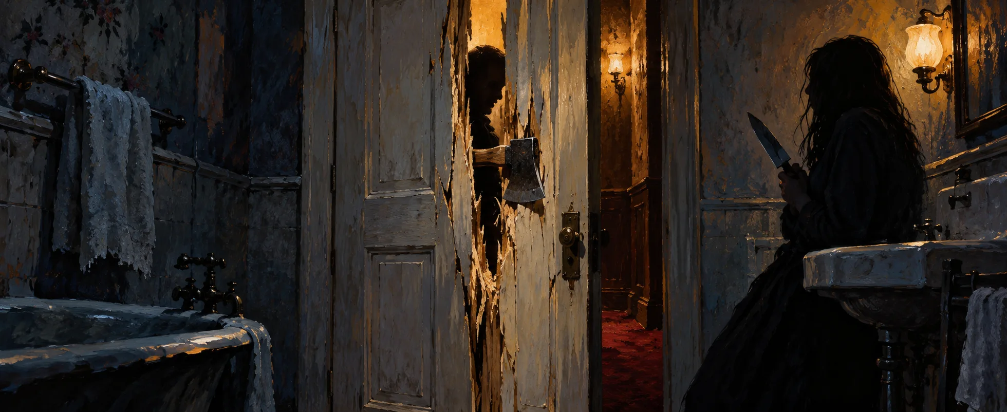 From inside a dark bathroom, an axe has split a white door and a shadowed head pushes through the gap while a woman with a knife backs against the sink.