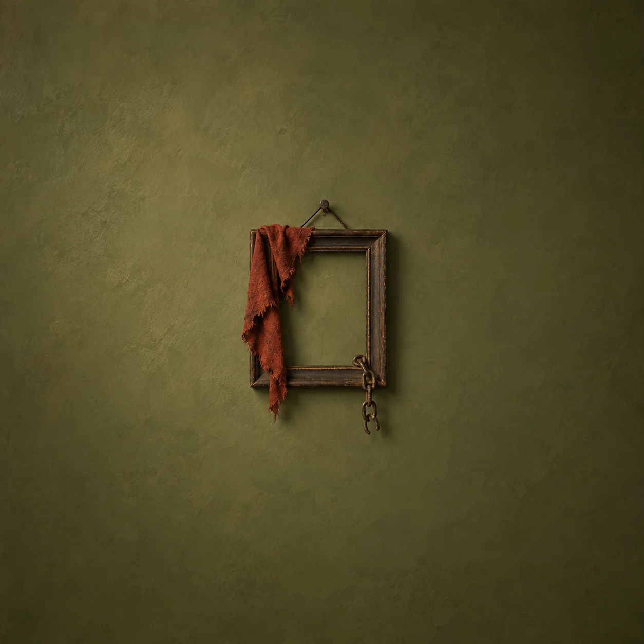 An empty dark wooden frame with torn red cloth draped over one side and a short chain hanging below on an olive wall.