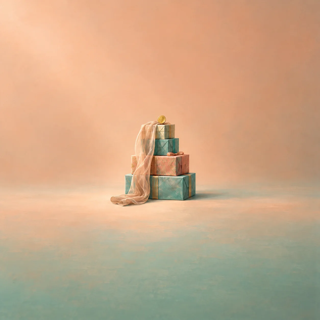 Sheer peach fabric draped over a small stack of colorful gift boxes with a gold coin on top.