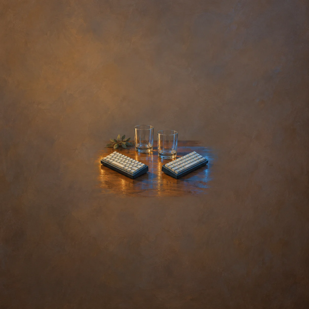 Two small blank-key keyboards sit beside two empty glasses on a wooden surface with blue reflections.