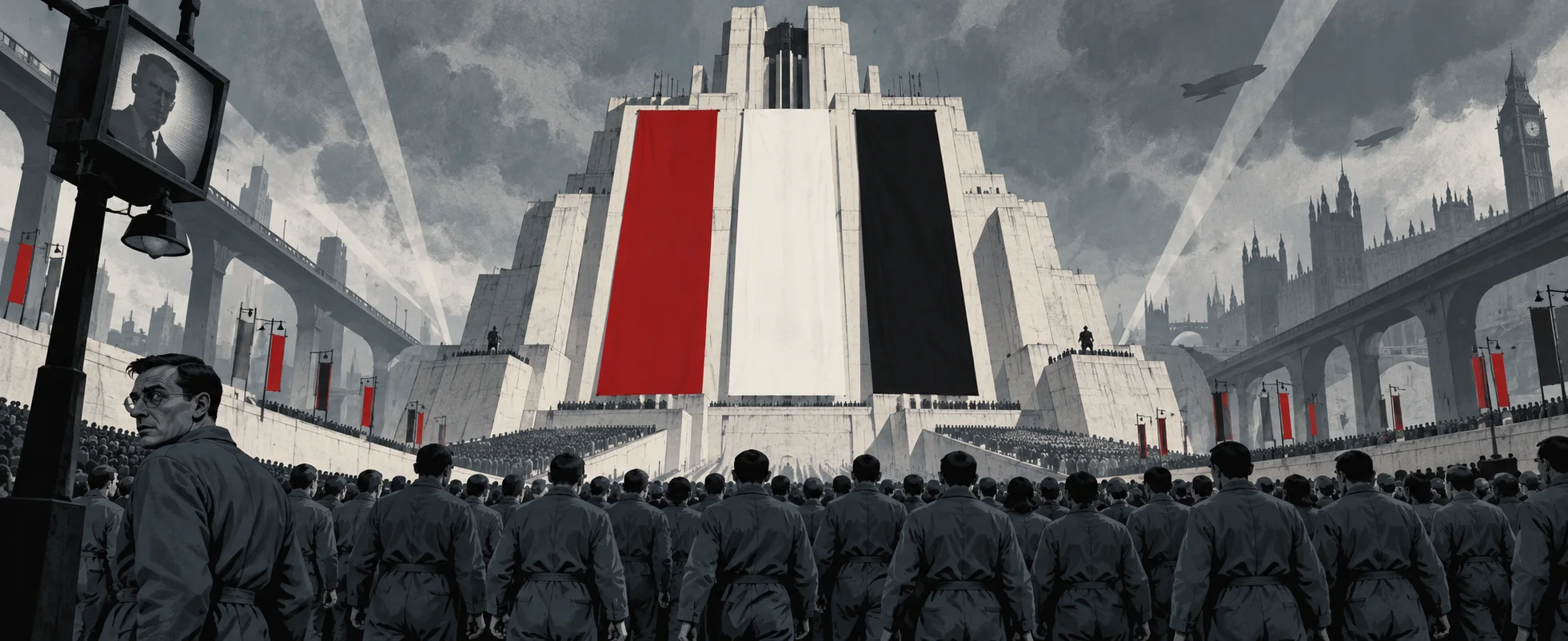 Ranks of grey-uniformed figures march before a vast white stepped pyramid hung with blank red, white and black banners under searchlights.