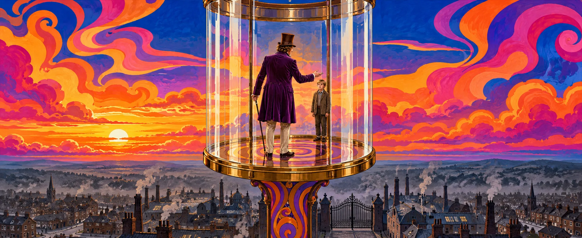 Willy Wonka, seen from behind, reaches a hand to Charlie inside the Great Glass Elevator, which hangs over the smoky rooftops of the town against a swirling orange-and-violet sunset sky.