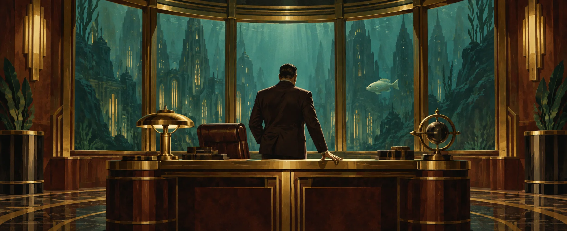 A man in a suit leans on a grand desk in a wood-panelled art-deco office, an underwater city through the windows.