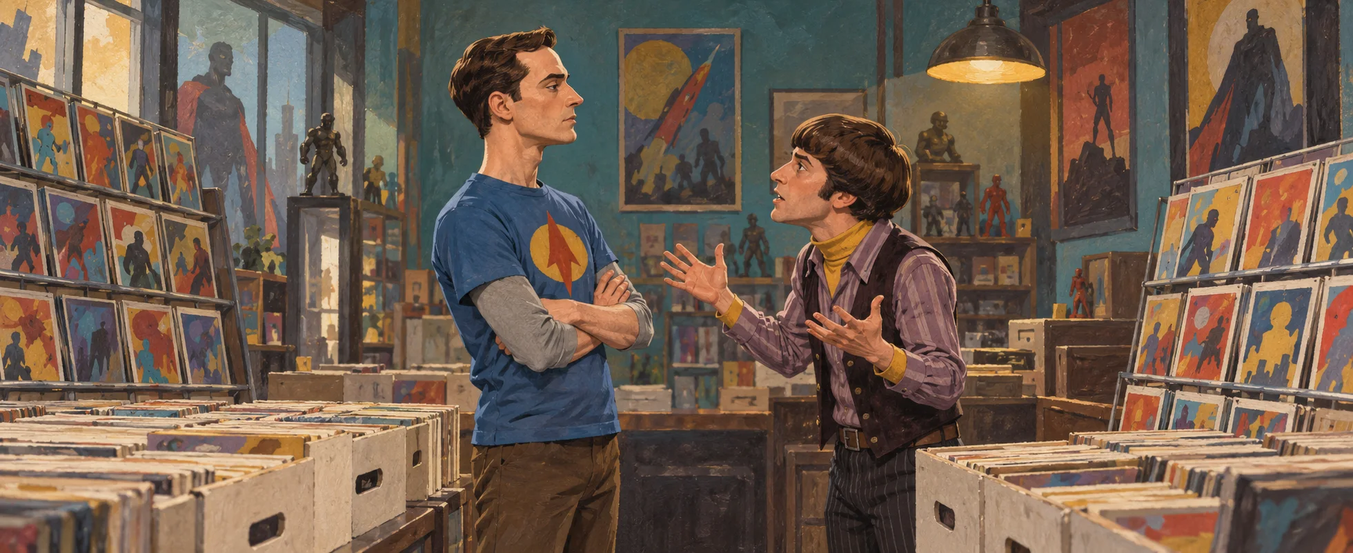 Two young men argue among racks and long boxes in a comic-book shop, one with folded arms in a superhero T-shirt, the other gesturing in a dickey and vest.
