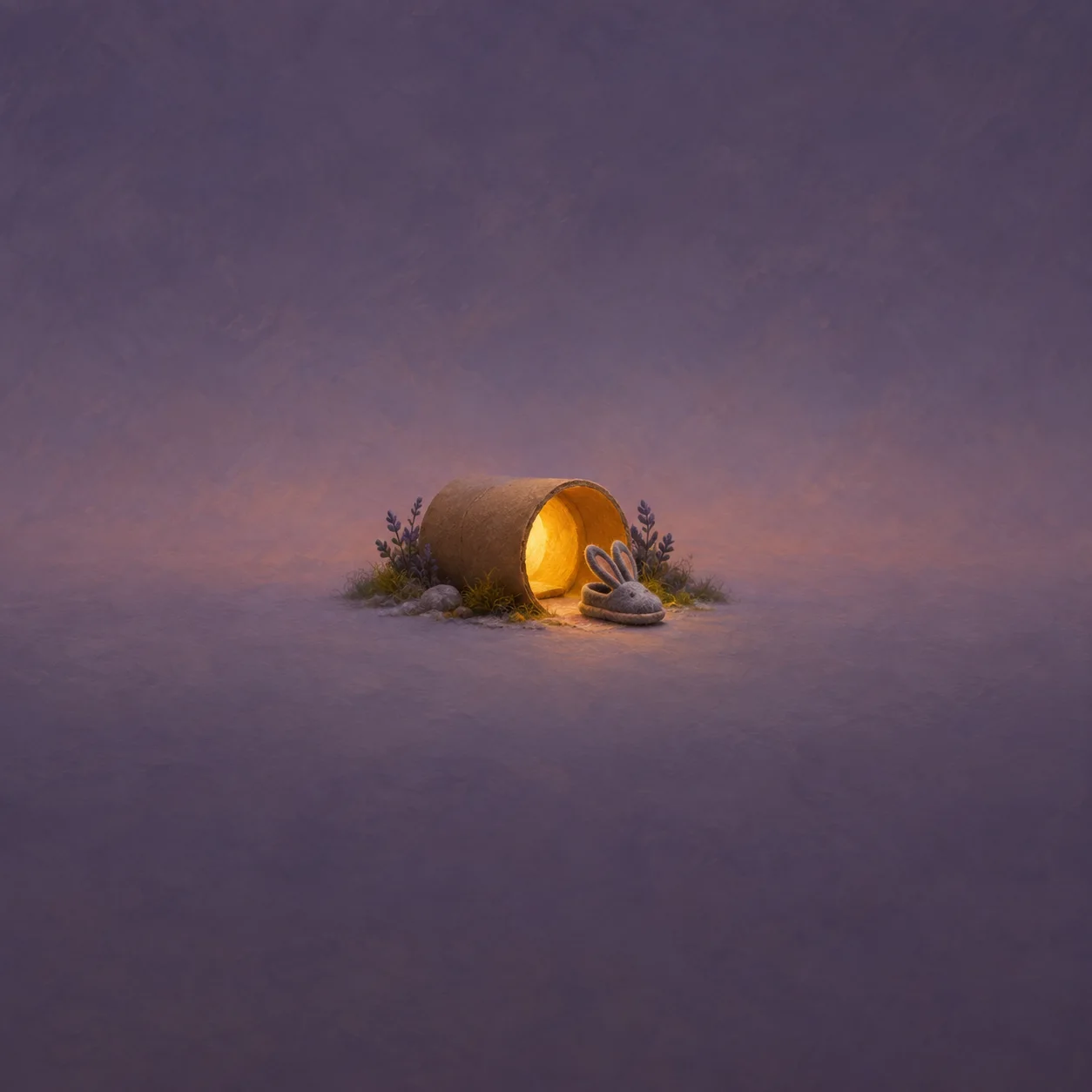A small brown tube glows warmly inside, with a grey rabbit-eared slipper at its entrance and plants beside it.