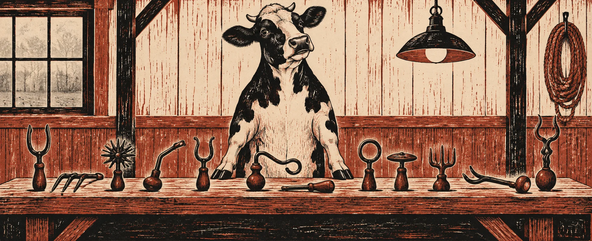 A serious cow stands upright behind a workbench laid out with strange, misshapen tools in a rustic barn workshop.