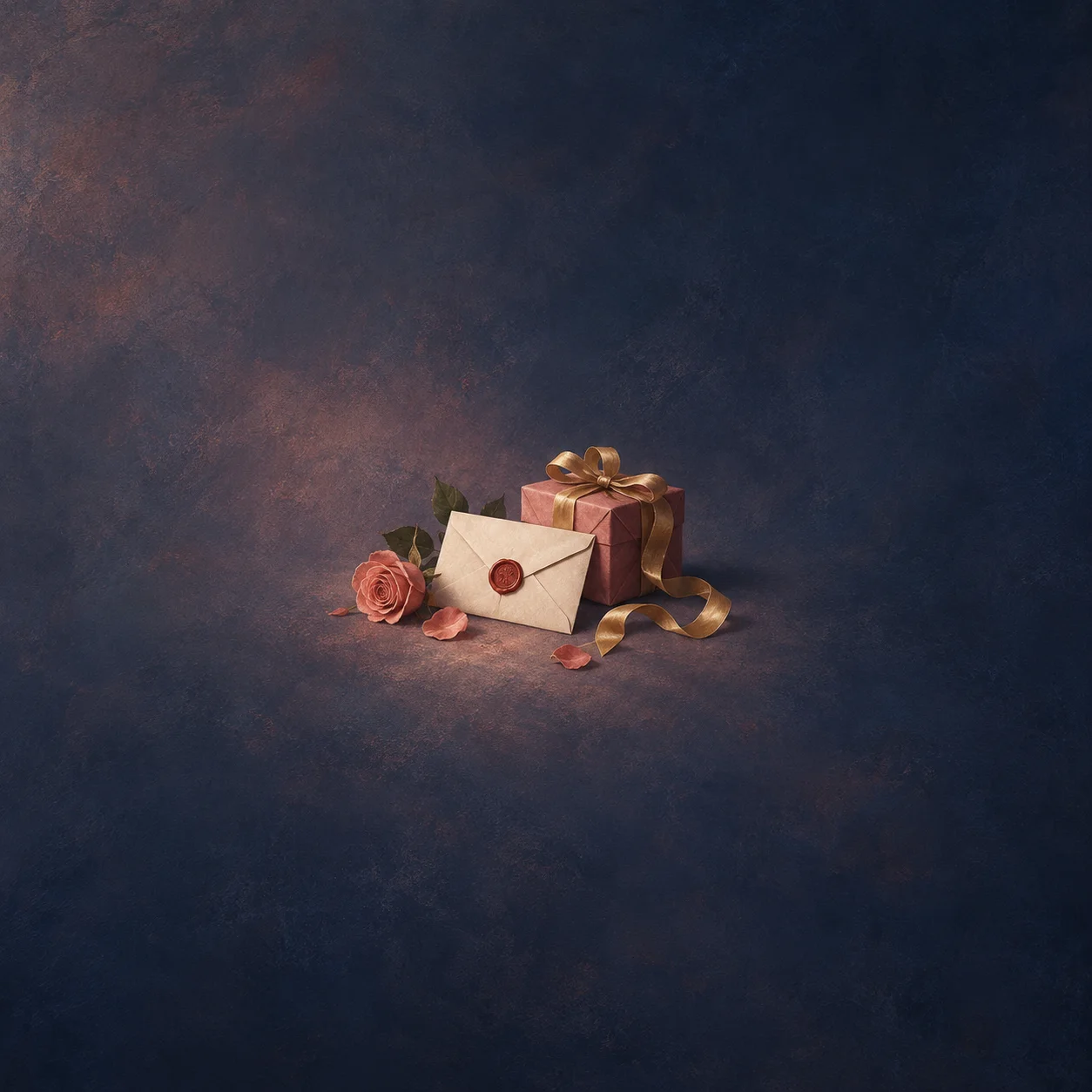 A wax-sealed envelope rests beside a rose, scattered petals and a wrapped gift with a gold ribbon.